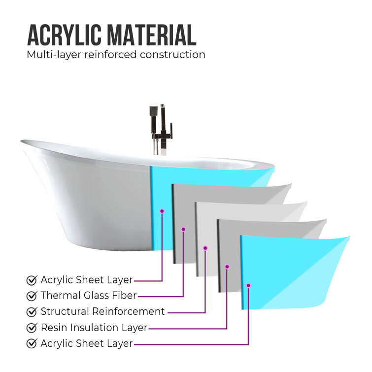Vanity Art 70" White Acrylic Freestanding Soaking Bathtub
