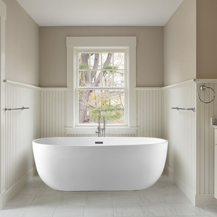White Acrylic 59" Freestanding Soaking Bathtub with Chrome Drain