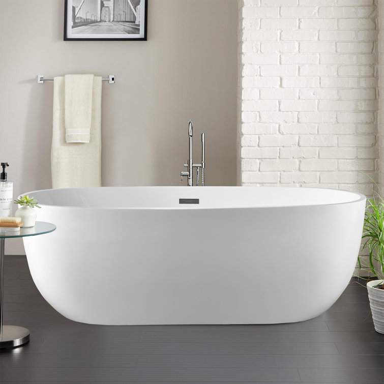 White Acrylic 59" Freestanding Soaking Bathtub with Chrome Drain