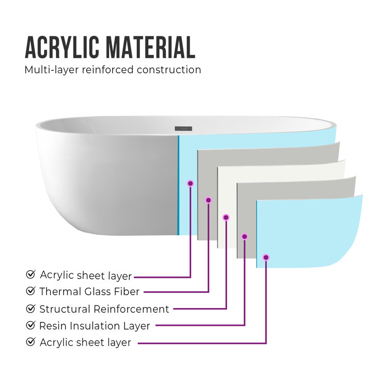 White Acrylic 59" Freestanding Soaking Bathtub with Chrome Drain