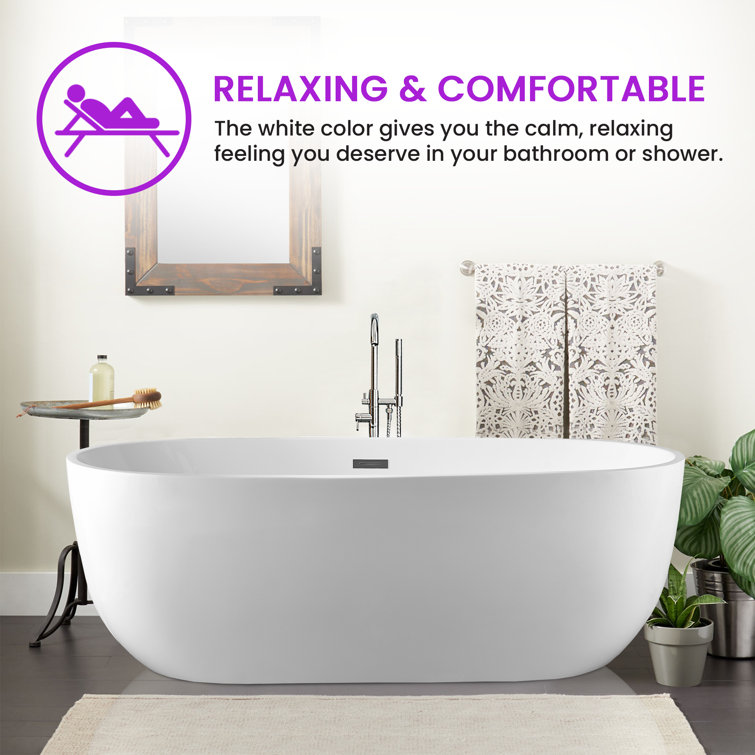 White Acrylic 59" Freestanding Soaking Bathtub with Chrome Drain