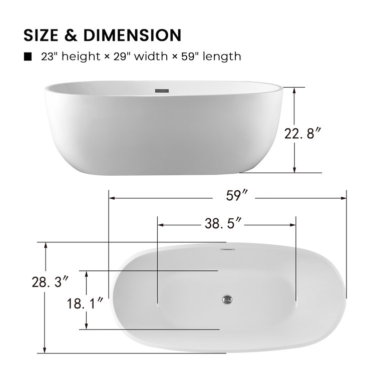 White Acrylic 59" Freestanding Soaking Bathtub with Chrome Drain