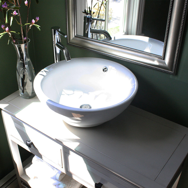 White Round Vitreous China Vessel Sink with Overflow