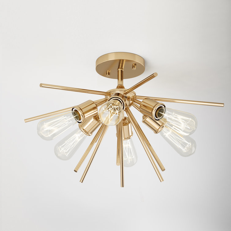 Natural Brass 6-Light Sputnik Semi Flush Mount Fixture