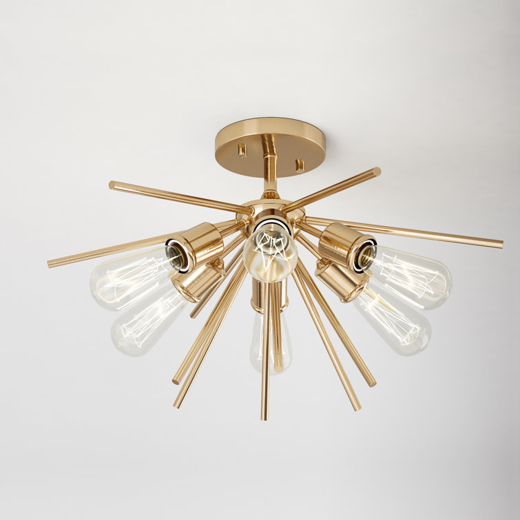 Natural Brass 6-Light Sputnik Semi Flush Mount Fixture