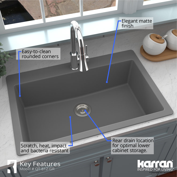 Gray Quartz 33'' Single Bowl Drop-in Kitchen Sink