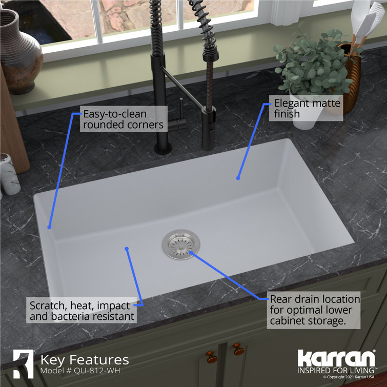 White Quartz 32'' Large Single Bowl Undermount Kitchen Sink
