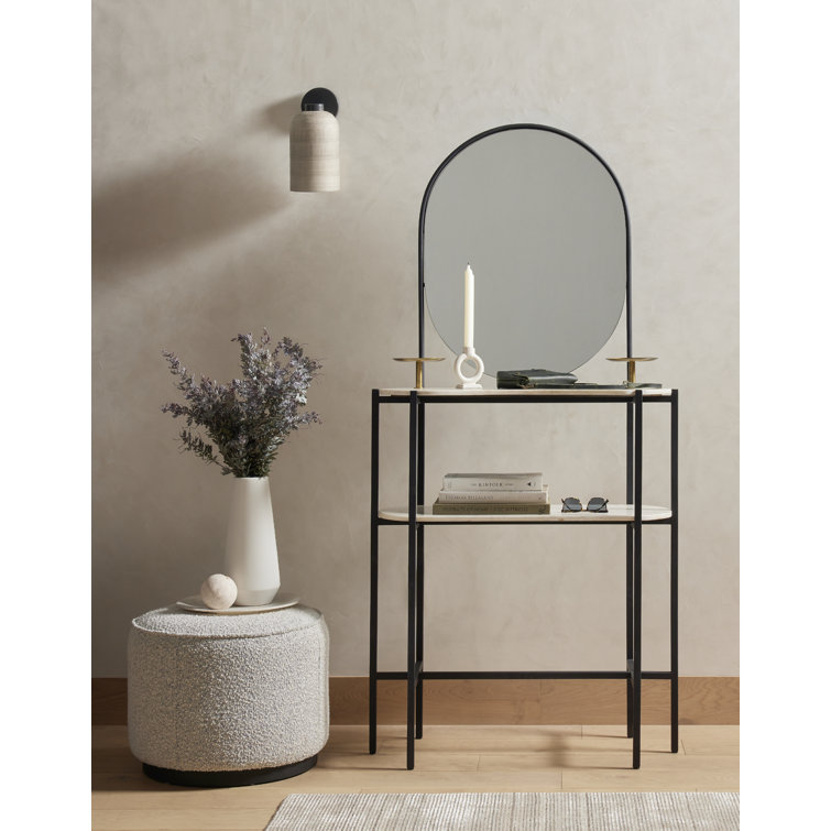 Granite Round Upholstered Ottoman with Wooden Base
