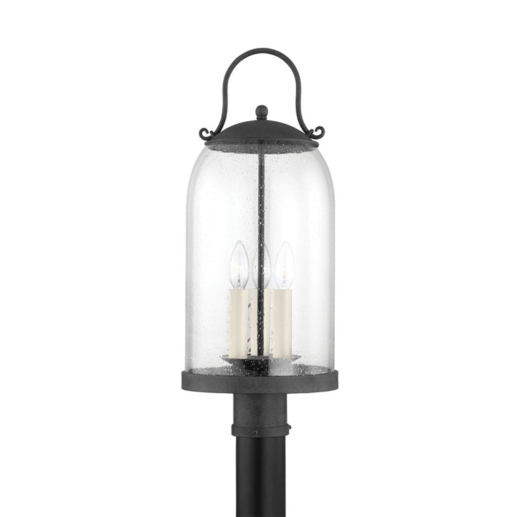 French Iron Clear Seeded Glass 3-Light Outdoor Post Lamp