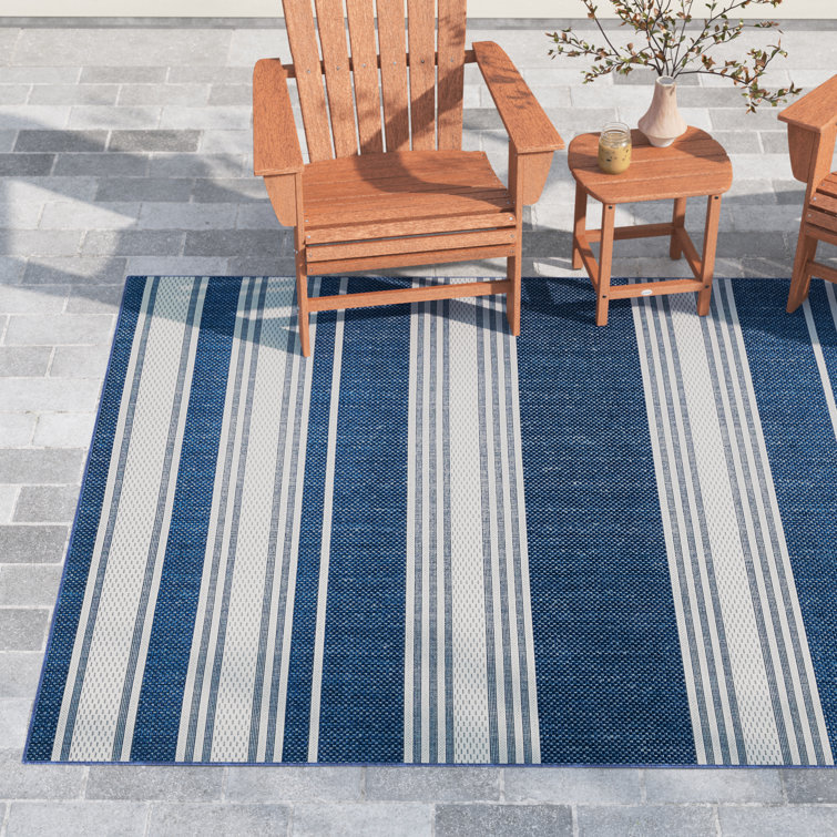 Navy Striped Washable Synthetic 8' x 10' Indoor/Outdoor Rug