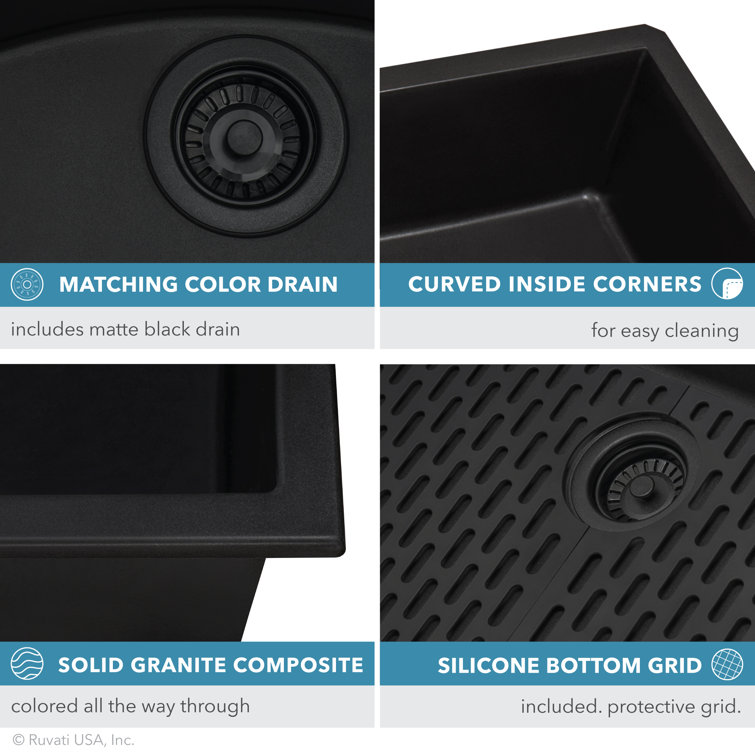 Midnight Black Granite Composite Undermount Single Bowl Kitchen Sink