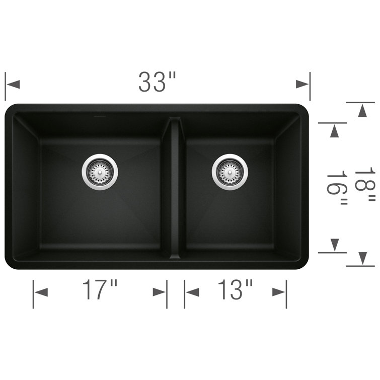 Coal Black 33" Granite Composite Double Bowl Undermount Kitchen Sink