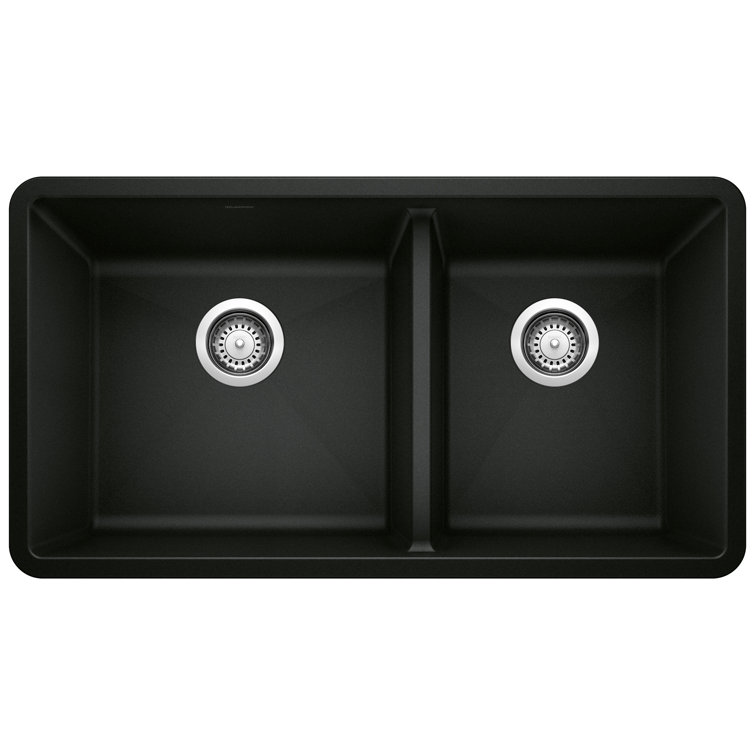 Coal Black 33" Granite Composite Double Bowl Undermount Kitchen Sink