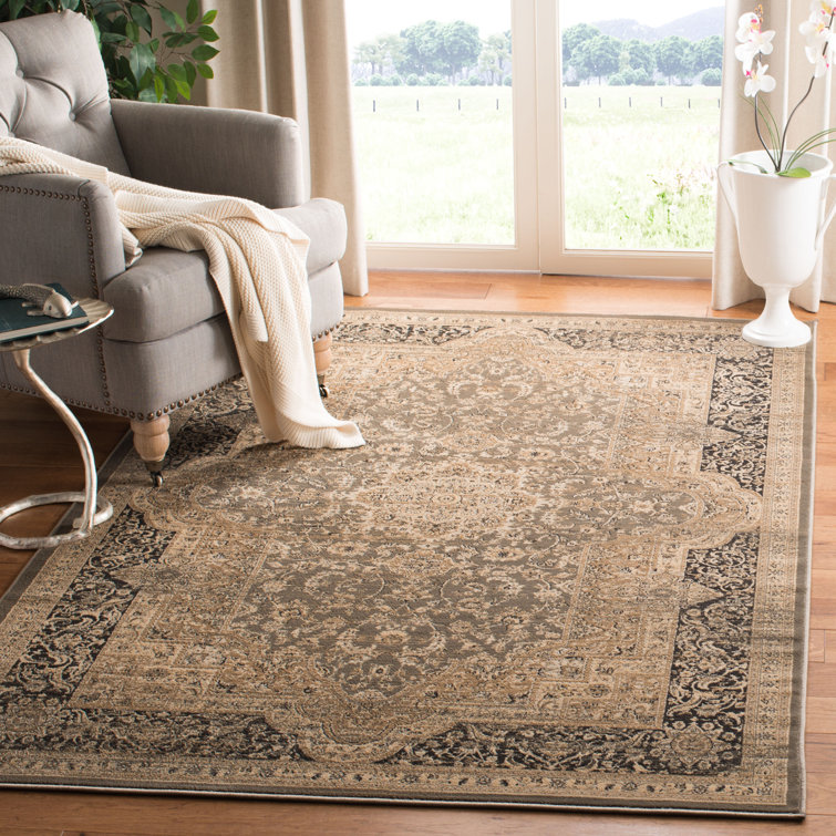 Elegant Taupe & Black Round Viscose Area Rug, 5'1" x 7'7"