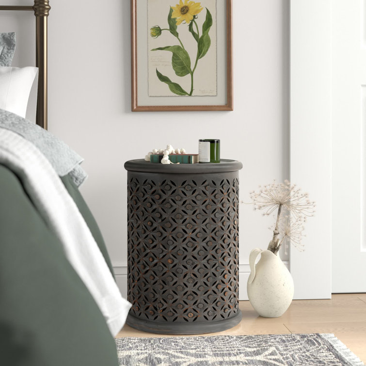 Transitional Hand-Carved 17" Round Drum Table in Antique Grey