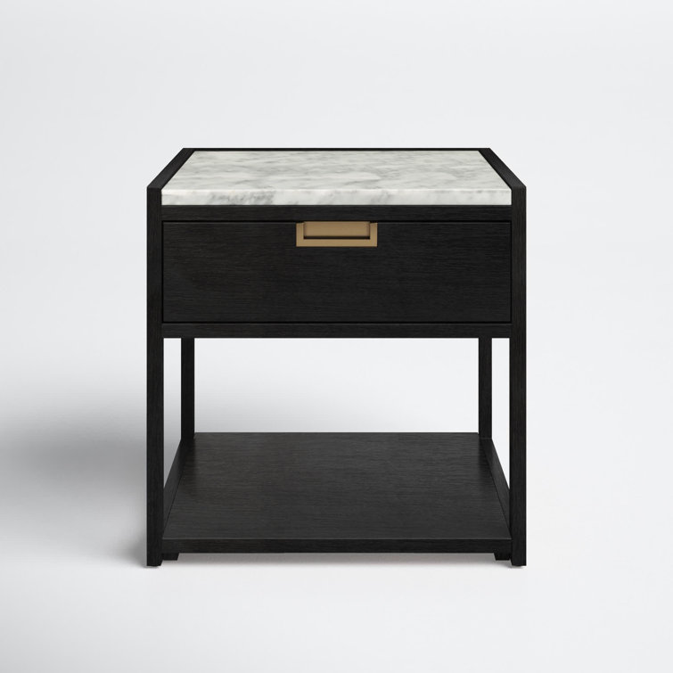 Adeline Black and White Marble Top Nightstand with Antique Brass Handle