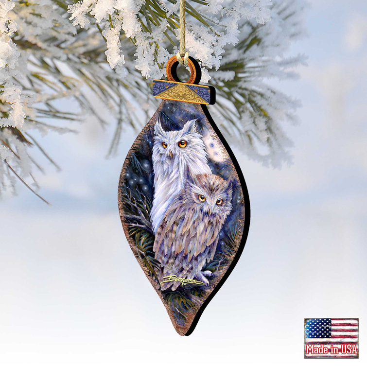 Night Watch Owls Wooden Holiday Ornaments Set of 2