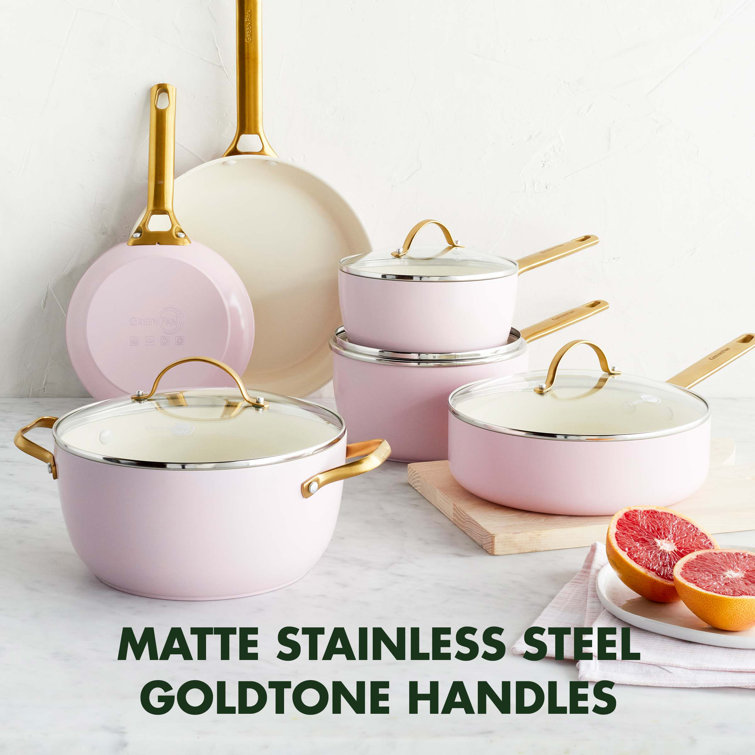Blush Pink Ceramic Nonstick 10-Piece Cookware Set with Gold Handles