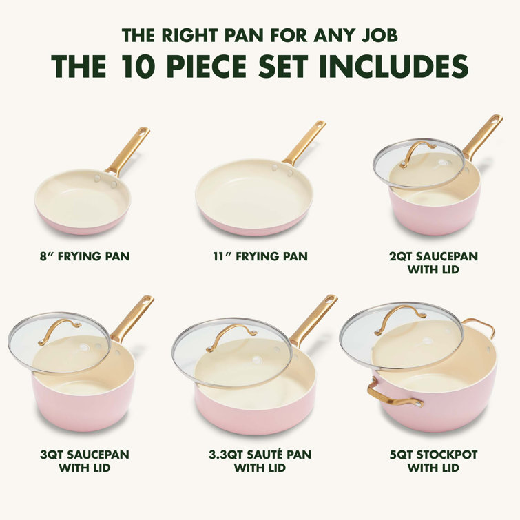 Blush Pink Ceramic Nonstick 10-Piece Cookware Set with Gold Handles