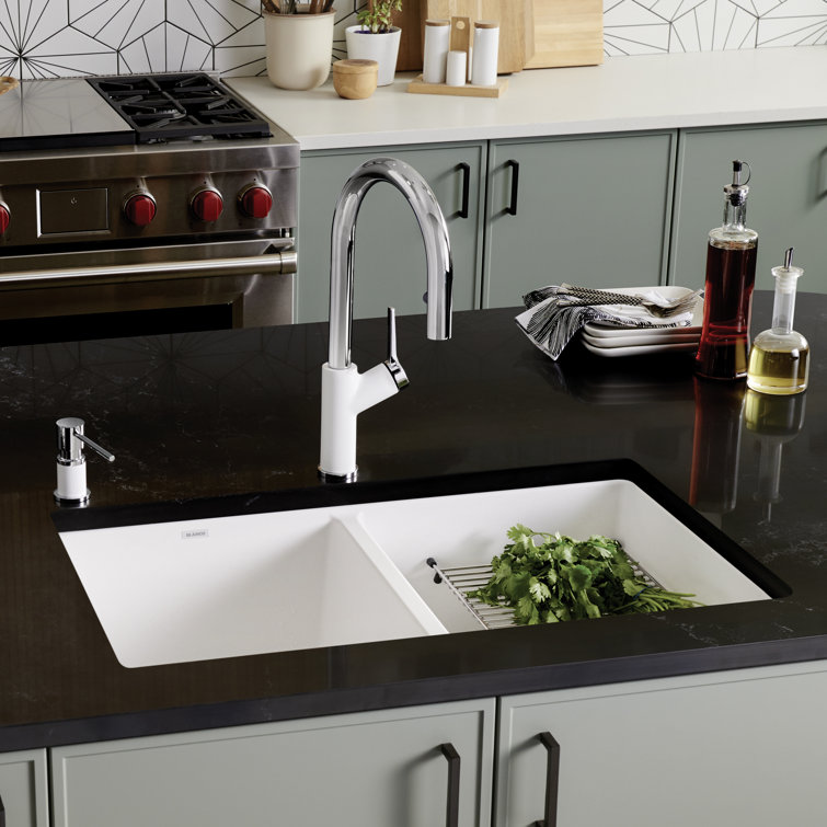 White Granite Double Bowl Undermount Kitchen Sink