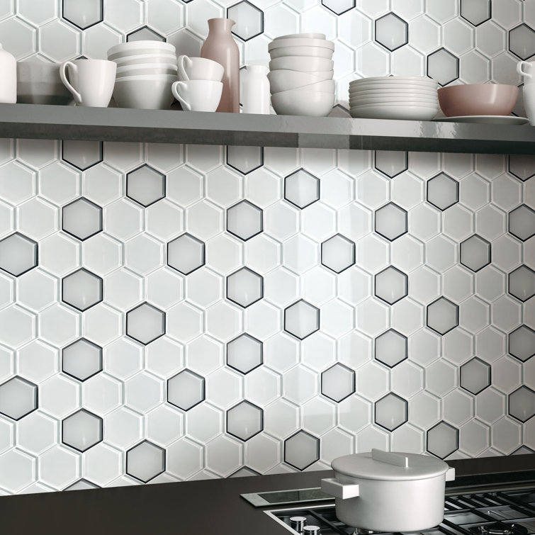 Silver and White Glass Honeycomb Mosaic Wall Tile