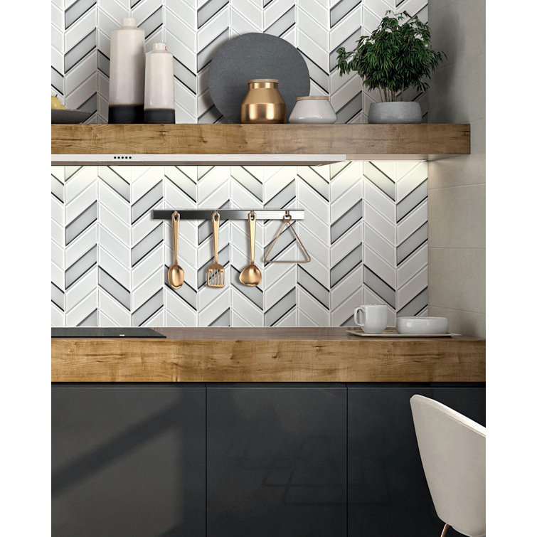 Silver and White Glass Chevron Mosaic Wall Tile