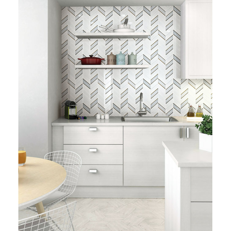 Gold and White Glass Chevron Mosaic Wall Tile