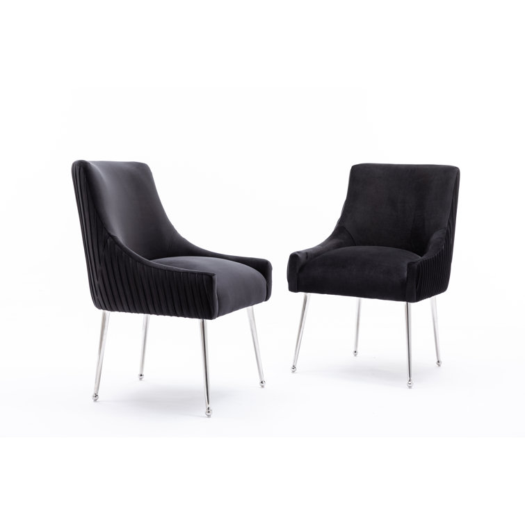 Black Velvet Upholstered Side Chair with Silver Metal Legs