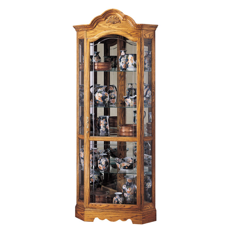 Golden Oak Lighted Corner Curio Cabinet with Glass Shelves