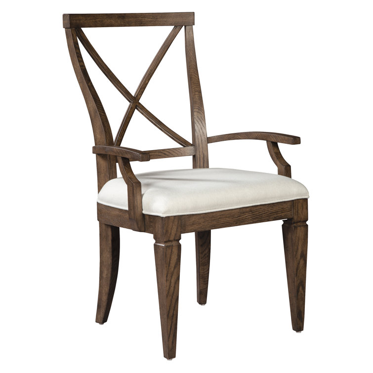 White Linen Upholstered Cross Back Arm Chair with Wood Frame