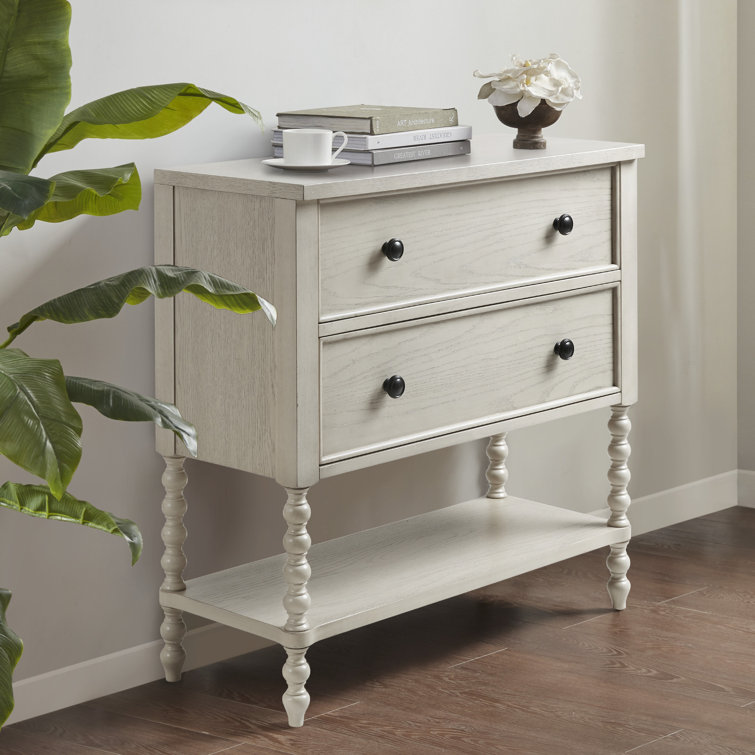 Antique White Acacia Double Drawer Chest with Spindle Legs