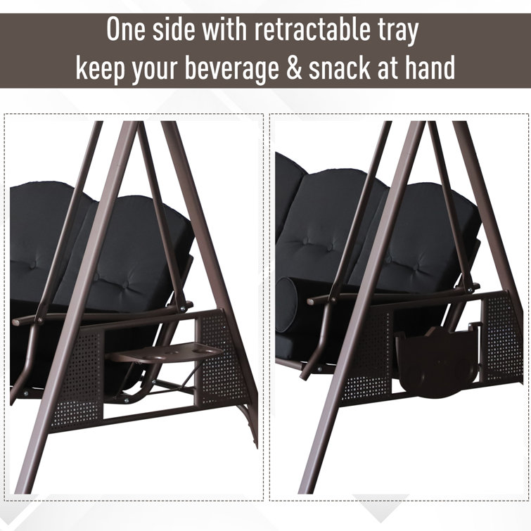Black Steel Outdoor Patio Swing with Cushions and Canopy