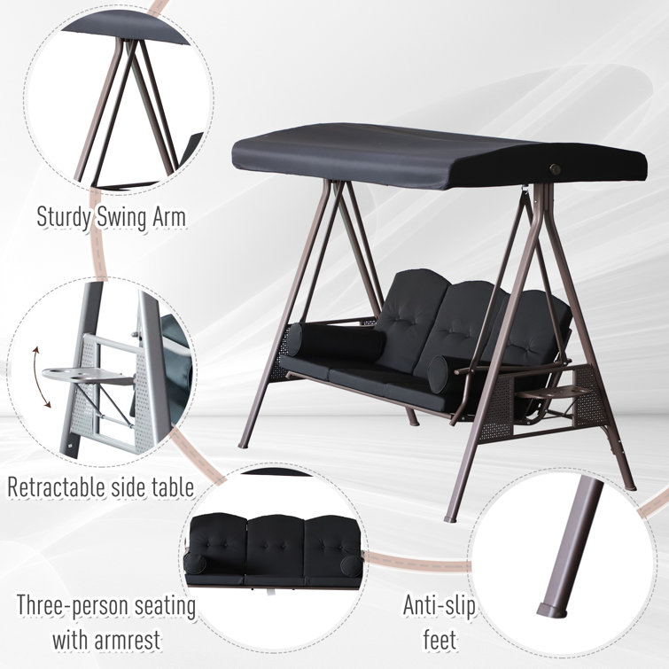 Black Steel Outdoor Patio Swing with Cushions and Canopy