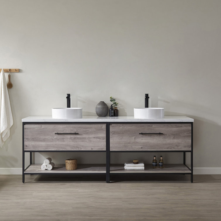 Murcia 84" White Top and Vessel Sink Double Vanity with Mexican Oak