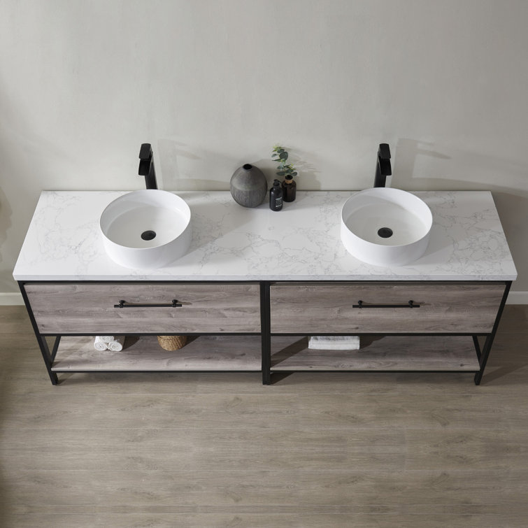 Murcia 84" White Top and Vessel Sink Double Vanity with Mexican Oak