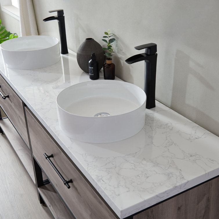 Murcia 84" White Top and Vessel Sink Double Vanity with Mexican Oak