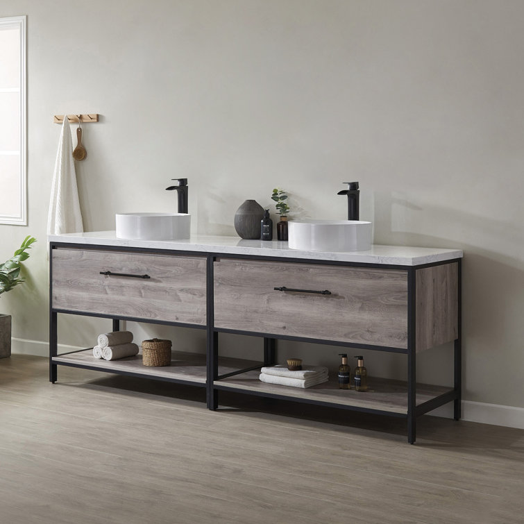 Murcia 84" White Top and Vessel Sink Double Vanity with Mexican Oak
