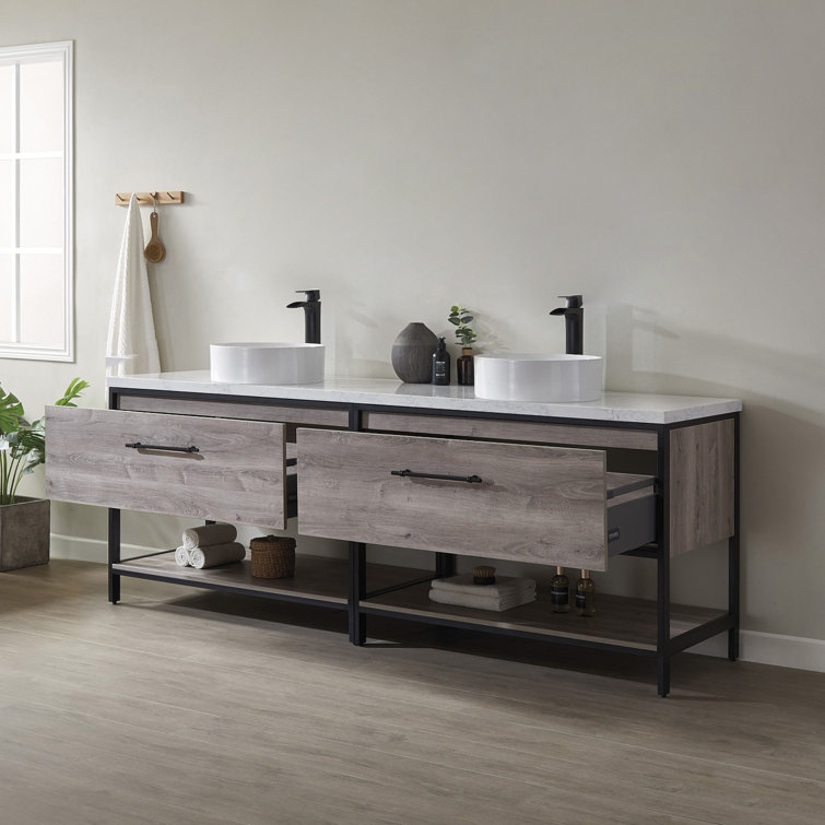 Murcia 84" White Top and Vessel Sink Double Vanity with Mexican Oak