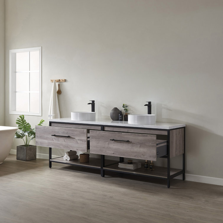 Murcia 84" White Top and Vessel Sink Double Vanity with Mexican Oak