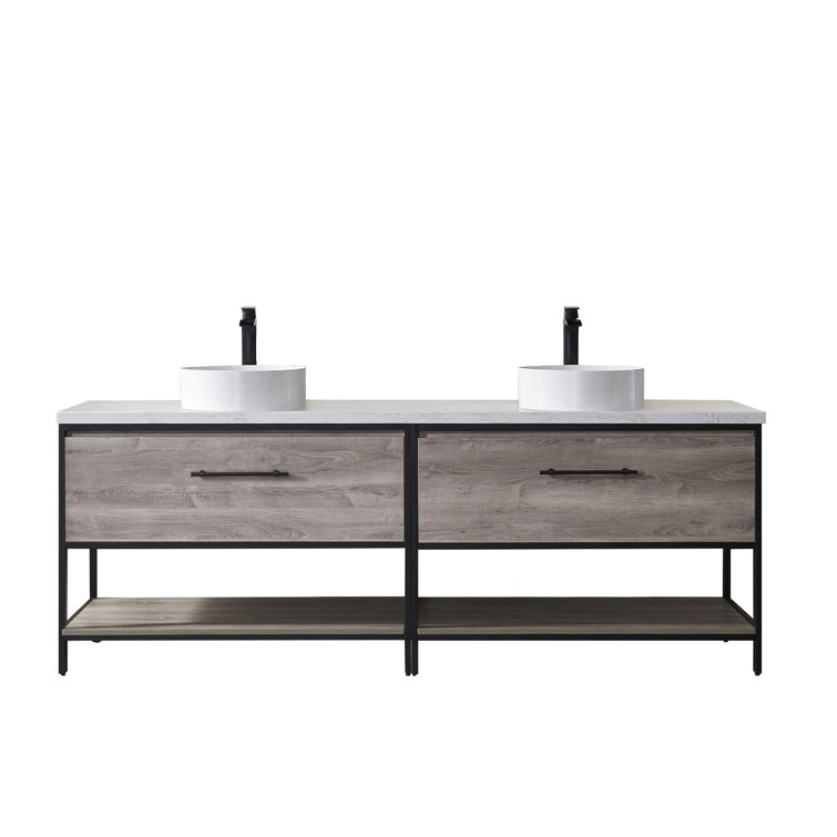 Murcia 84" White Top and Vessel Sink Double Vanity with Mexican Oak