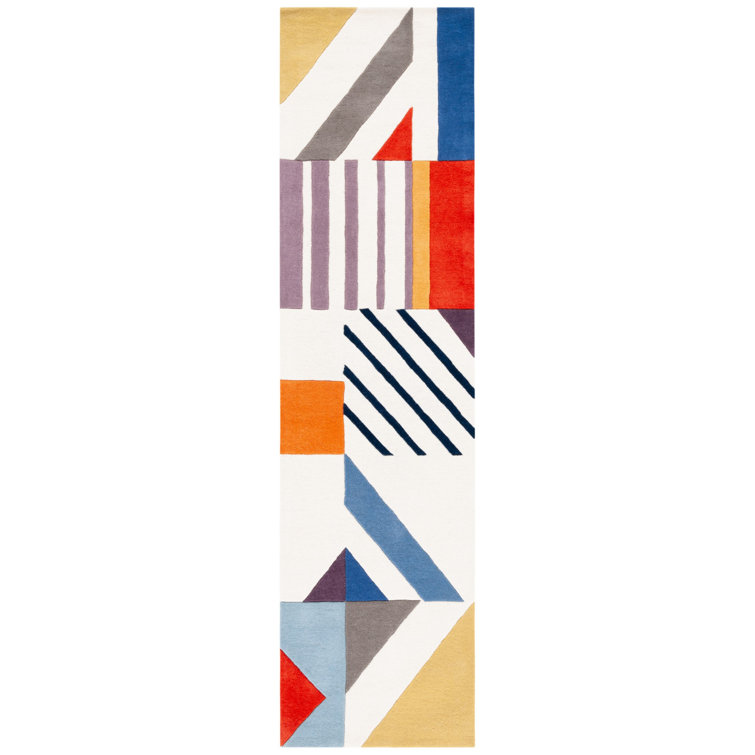 Handmade Ivory Wool Geometric Runner Rug 2'3" x 9'