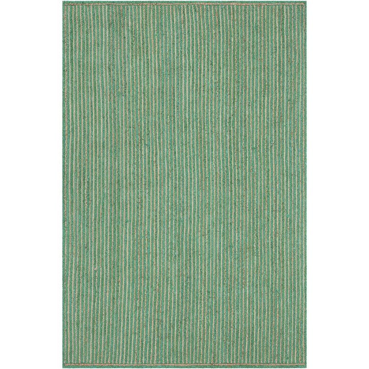 Handcrafted Dark Green and Natural Wool-Cotton Blend Striped Rug 5' x 7'