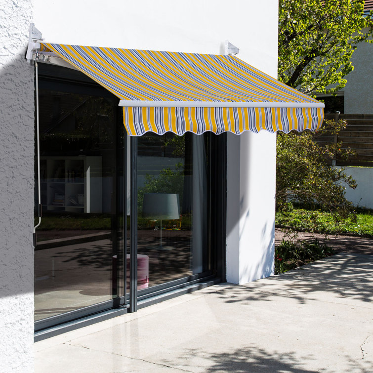 Outsunny 8' Yellow and Blue Striped Retractable Patio Awning