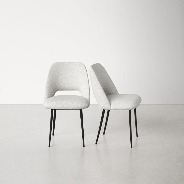 White Boucle Upholstered Side Chair with Metal Legs, Set of 2