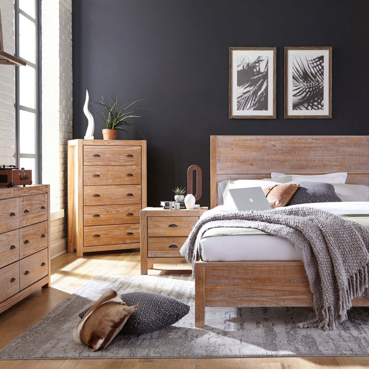 Rustic Off-White Solid Pine Wood Full Panel Bed