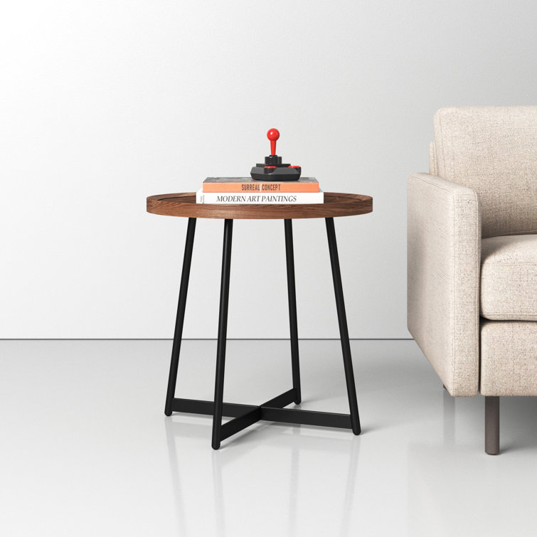 Niklaus 23" Round Walnut Veneer Side Table with X-Shaped Steel Base