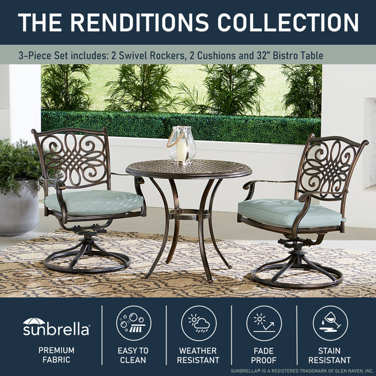 Renditions Bronze 3-Piece Patio Set with Blue Sunbrella Cushions