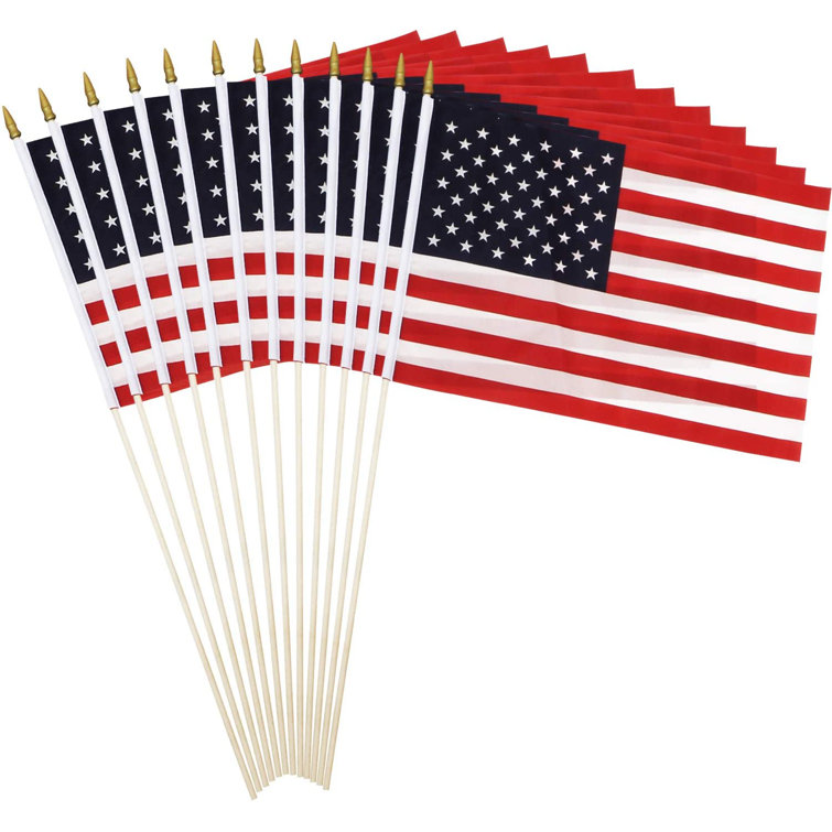 Patriotic 18'' x 12'' Polyester American Stick Flags with Wooden Poles