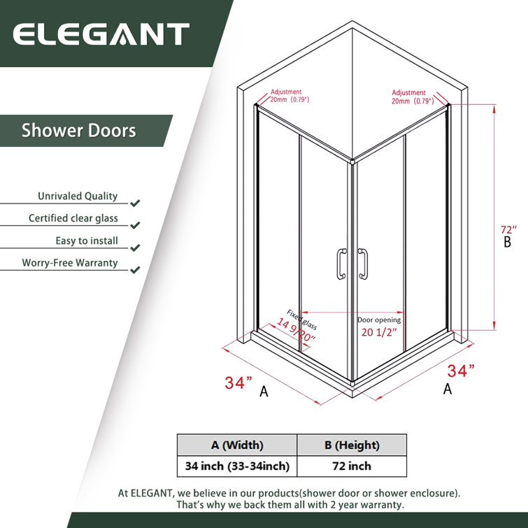 Elegant 34 x 34 x 72 inch Brushed Nickel Corner Shower Enclosure with Clear Glass