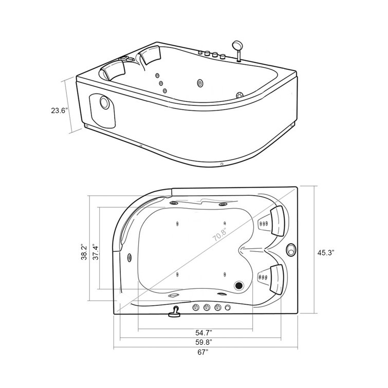 White Acrylic Corner Whirlpool Bathtub with Jets and Faucet